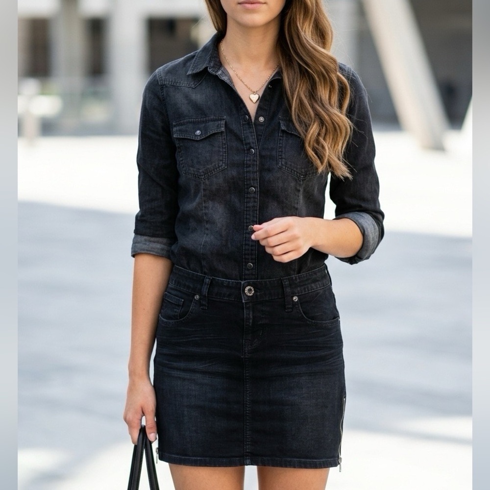 Guess Jeans 5-Pocket Black Washed Denim Skirt Size 26
